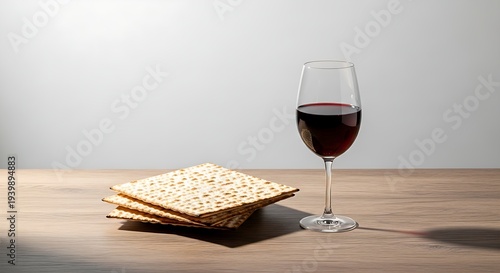Still life composition featuring a stack of traditional unleavened flatbread and a glass of red wine, symbolizing a religious observance and heritage