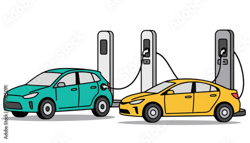 Electric Car Charging Station Vector Illustration with Two EV Cars