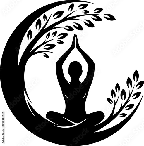 Woman Practicing Yoga with Leaves.