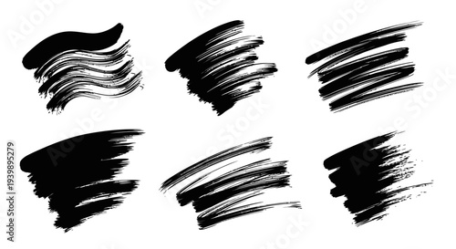 Black paint brush strokes, set of abstract hand drawn ink textures and smudges isolated on white background