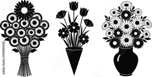 Black flower bouquet and vase silhouettes with daisies and tulips, decorative floral arrangement vector illustration set isolated on white background for botanical design