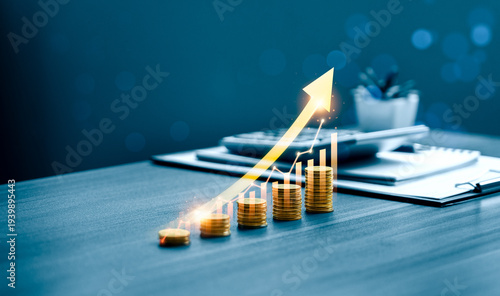 Obraz na płótnie Gold market investment growth concept with rising stacked coins and upward arrow