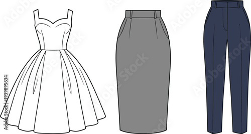 Technical Fashion Flat Sketches Set Featuring a Sweetheart Neckline Party Dress, a High-Waisted Pencil Skirt, and Tailored Formal Dress Trousers