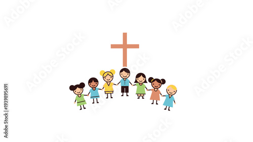 Children Standing Together Under Christian Cross.