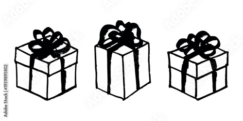 Set of hand drawn present box with ribbons Birthday present clipart Christmas gift Holiday doodle For design, print, web, decor, greeting card, sale