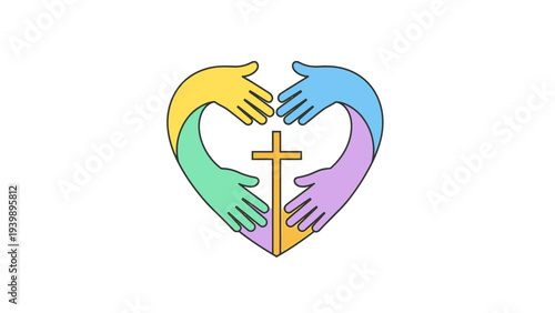 Multicolored Hands Forming Heart with Cross.