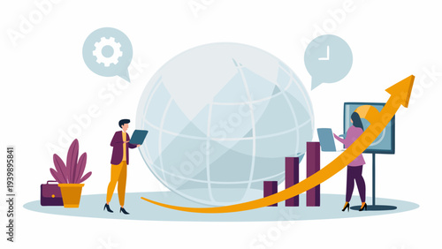 Business professionals analyzing global market trends with laptops