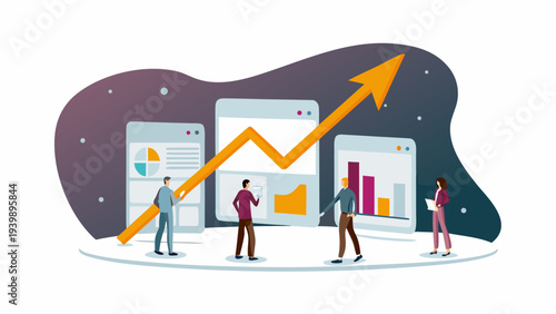 Business professionals analyzing growth charts and graphs on large mobile screens