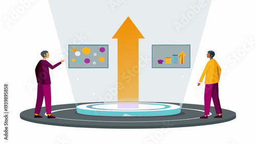 Business colleagues analyzing data charts in modern interactive workspace