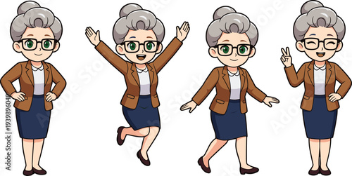 Cute elderly woman cartoon character set with different poses, smiling senior lady with glasses wearing business outfit, friendly grandmother mascot vector illustration collection