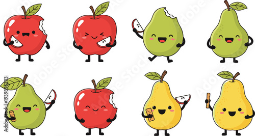 Cute apple and pear fruit characters with knife and bite marks, funny kawaii fruit mascots vector illustration set