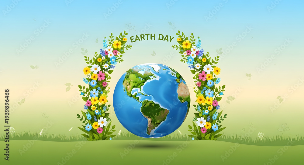 Naklejka premium Earth Day Celebration: The vibrant Earth, adorned with flourishing flora, stands at the heart of an Earth Day celebration, symbolizing the interconnectedness of all life on our planet.
