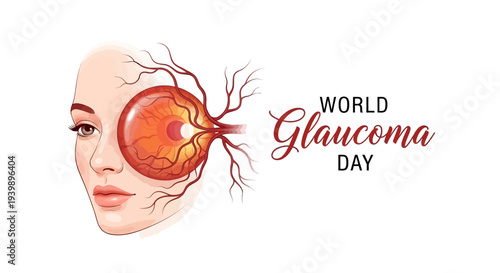 Illustration for World Glaucoma Day promoting eye health awareness with a woman's face and a detailed glaucoma-affected eye.