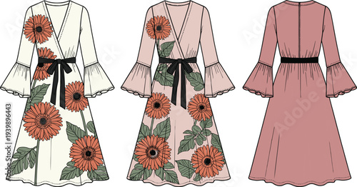 Elegant floral midi dress collection with bell sleeves and black waist belt, vintage inspired women fashion illustration isolated on white background