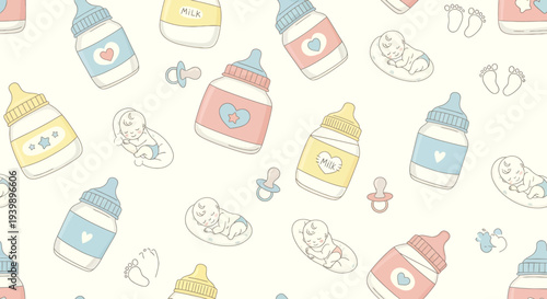 Cute Baby Shower Pattern: Bottles, Pacifiers, and Newborns on Cream Background