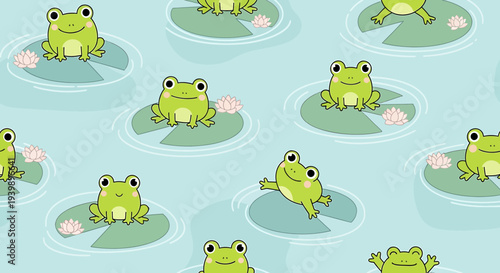 Cute Cartoon Frogs on Lily Pads in Water, Seamless Pattern, Kawaii Style