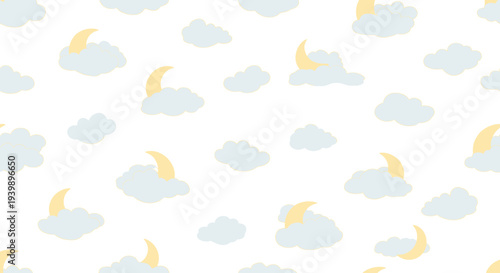 Cute Crescent Moon and Clouds Seamless Pattern, Baby Night Sky Background
