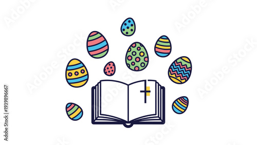 Colorful Easter Eggs Surrounding Open Bible Book.