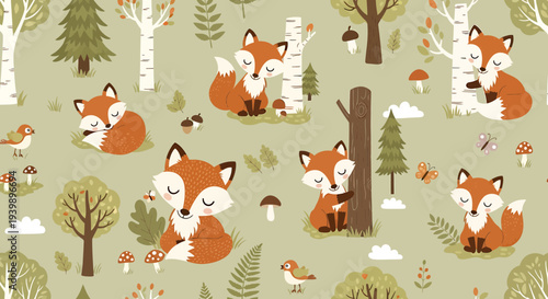 Cute Fox Family in Autumn Forest Seamless Pattern, Cute Animals, Nature Background