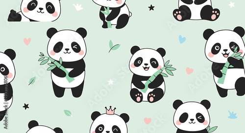 Cute Panda Bear Pattern, Adorable Baby Pandas with Bamboo, Kawaii Style, Seamless Background