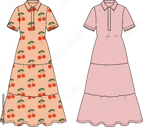Fashion design illustration of women’s collared dress with short sleeves, tiered skirt, cherry pattern, and technical flat sketch, showcasing garment construction and stylish clothing concept