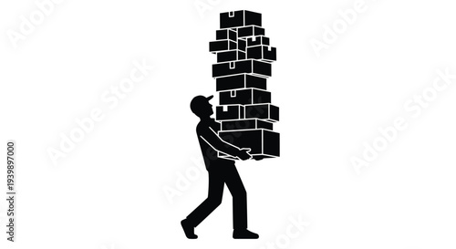 Black silhouette of a person wearing a cap struggling to carefully carry an overwhelming and precarious stack of many delivery boxes.