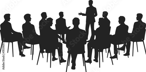 Silhouette group meeting illustration with leader speaking, teamwork collaboration vector representing communication, leadership, discussion, presentation, corporate culture and unity.