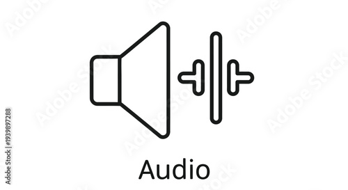 Simple black outline icon depicting a speaker with sound waves and text