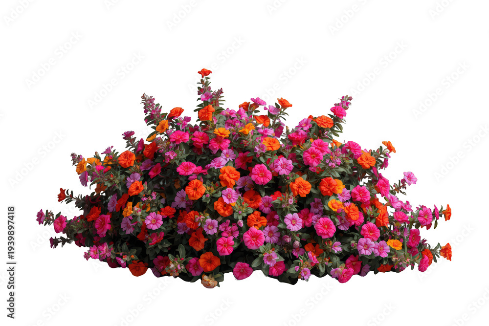 Fototapeta premium Vibrant flowering bush with pink and orange flowers, lush green leaves, a blooming garden plant with transparent background