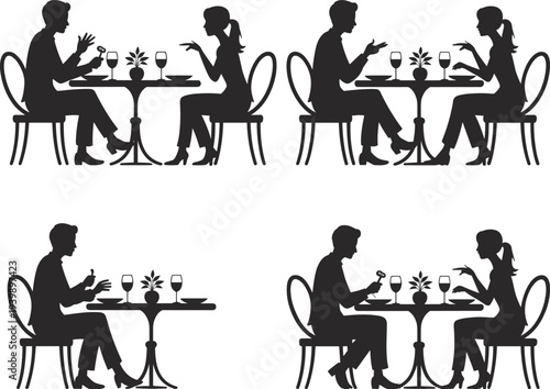 Silhouette set of a young couple dining at a restaurant table with wine glasses and food for romantic date night