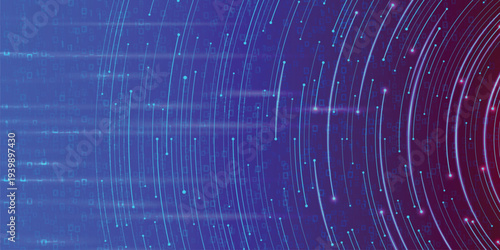 Futuristic Blue Purple Digital Data Background With Curved Light Trails and Binary Code Streams for High Speed Tech Network