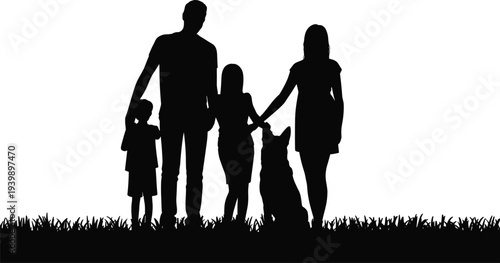 Silhouette vector illustration of family with two adults, two children, and dog standing on grass, unity, companionship, lifestyle artwork design