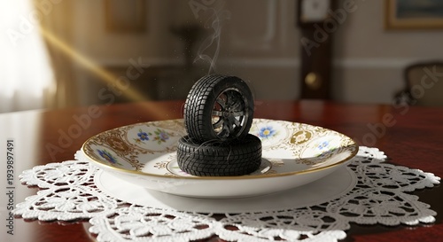 A stack of smoking car tires presented as an unpalatable meal on a floral porcelain plate, representing the devastating environmental impact of transportation and industrial consumption