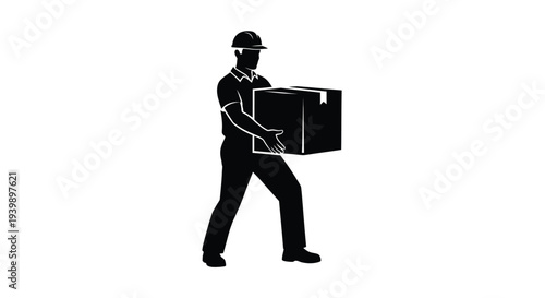 Silhouette vector graphic illustrating a construction worker carefully carrying a large heavy cardboard shipping box