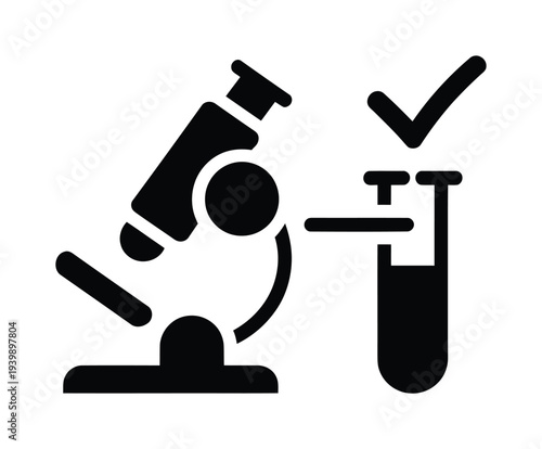 Vector of a microscope and test tube with a check mark symbolizing science and research