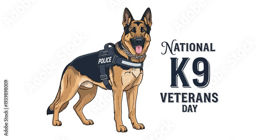 Illustration of a German Shepherd police dog wearing a vest for National K9 Veterans Day