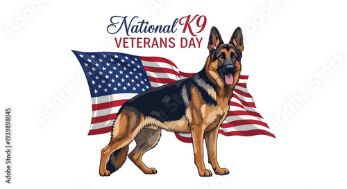 Illustration of a German Shepherd dog in front of an American flag for National K9 Veterans Day