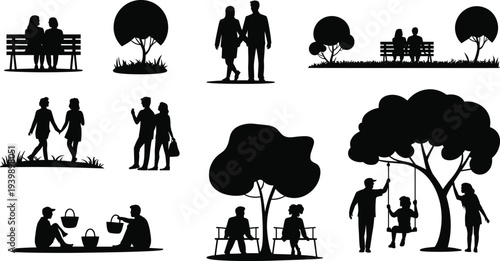 Park silhouette illustration showing couples, families, and children enjoying outdoor leisure, walking, picnicking, relaxing, reading, and playing under trees.