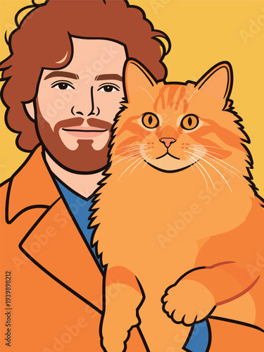 A man with curly hair and a beard holds a large orange cat close to his chest. The background is bright yellow, adding a cheerful vibe.