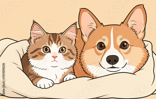 A cat and a dog are resting side by side in a soft blanket in a home setting. They appear calm and friendly with each other.