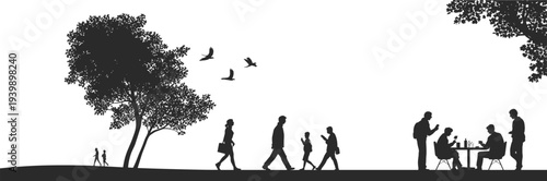 Park silhouette illustration showing families, couples, and groups walking, socializing, relaxing, dining outdoors, enjoying nature, birds, and trees together.