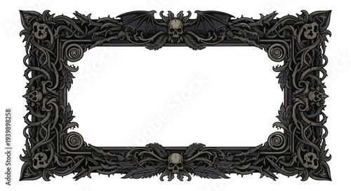 Gothic Ornate Frame with Skulls and Bat Wings, Dark Fantasy Decorative Border