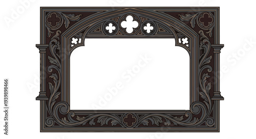 Gothic Arch Frame with Ornate Carvings and Quatrefoil Motifs