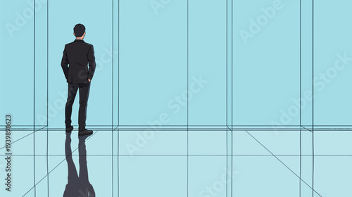 A person in a suit looks out from an empty room with big glass walls. The space has no furniture and is bright.