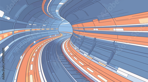 A train moves through a curved tunnel with bright lights. The walls are colorful and smooth. The track is visible in the foreground.