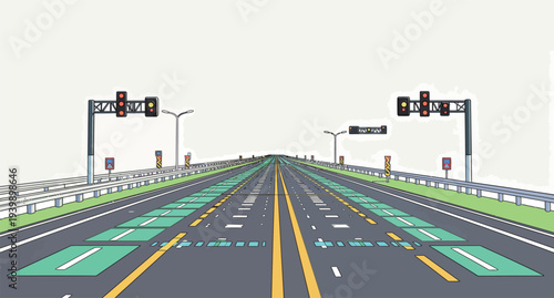 A long road stretches ahead with traffic lights, lane markings, and signals visible in a simple design.