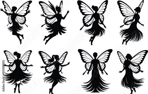 Art & IllustrationSet of Eight Flying Fairy Silhouettes with Ornate Butterfly Wings and Flowing Gowns Vector Illustration for Laser Cut SVG Projects