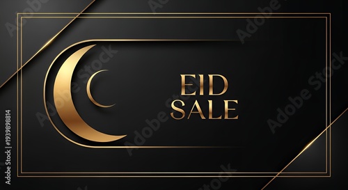 Elegant Golden Eid Sale Banner with Crescent Moon and Geometric Frame on Black Background