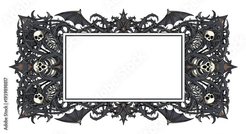 Gothic Ornate Frame with Skulls and Bat Wings, Dark Fantasy Border Design
