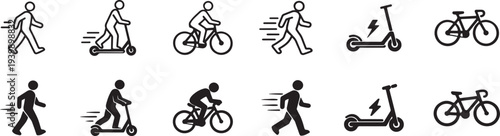 Walking, running, scooter and bicycle transportation icon set, mobility and urban transport line and solid icons collection isolated on white background